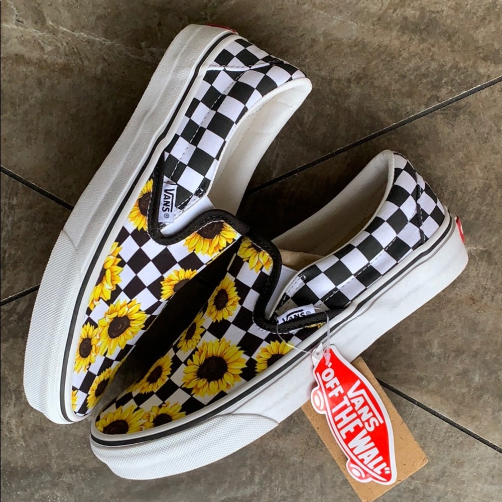 VANS CLASSIC SLIP ON CUSTOM SUNFLOWER/CHECKERBOARD - Picture 13 of 16